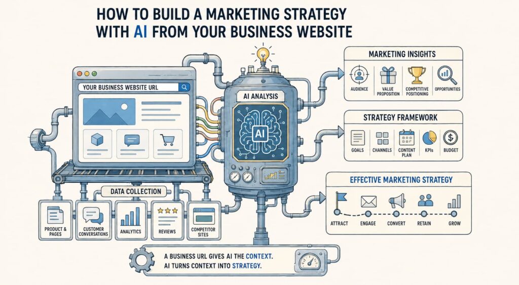  Text graphic stating that giving an AI only three sentences about a business results in generic, useless marketing strategies.