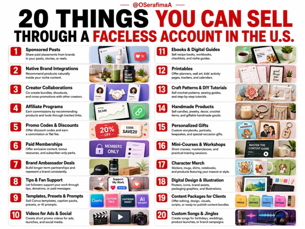 Infographic listing 20 products and services you can sell through a faceless account in the U.S.