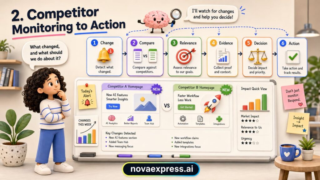 Infographic showing 6-step competitor monitoring process: Change, Compare, Relevance, Evidence, Decision, Action