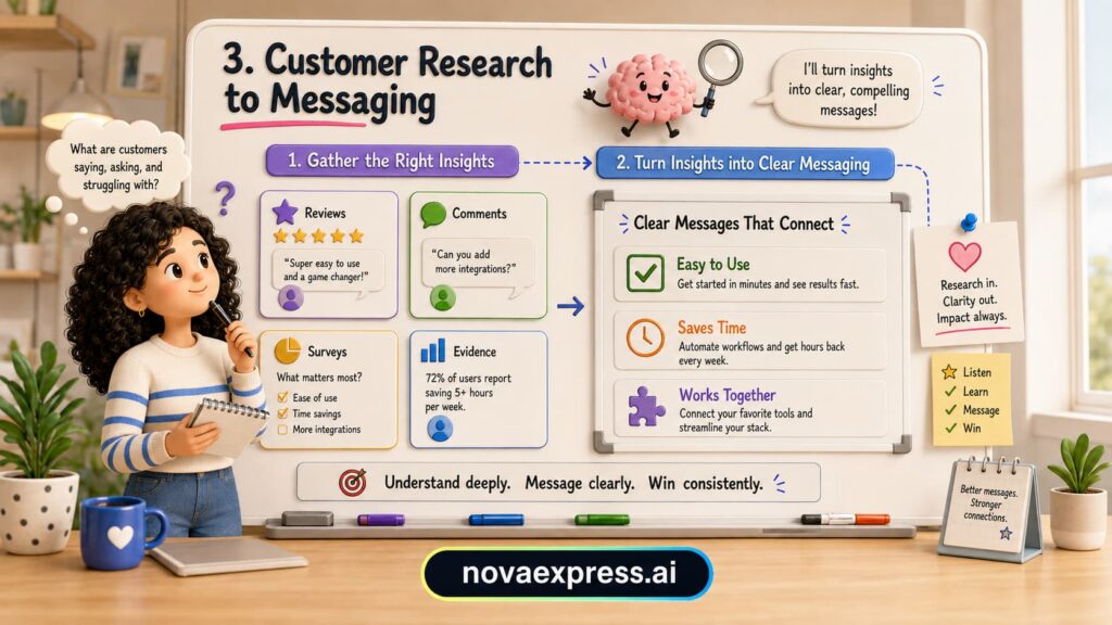 Infographic showing how to turn customer reviews, comments, surveys and evidence into clear marketing messages like "Easy to Use," "Saves Time," and "Works Together."