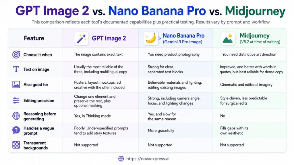 Comparison table of GPT Image 2, Nano Banana Pro, and Midjourney across seven features