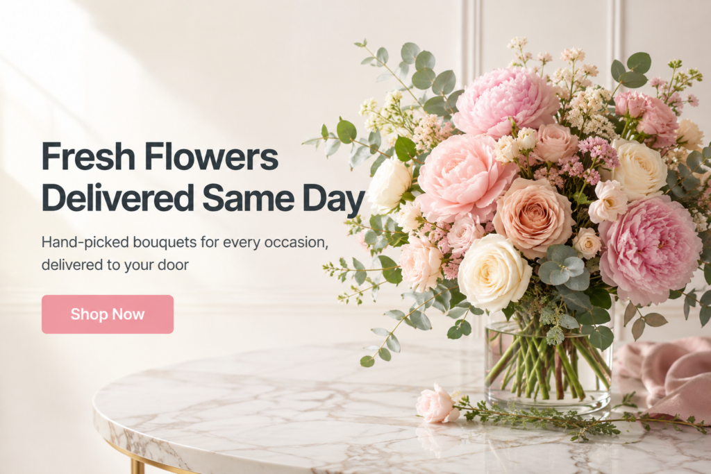Example prompt breakdown and the generated flower delivery hero banner with headline and CTA