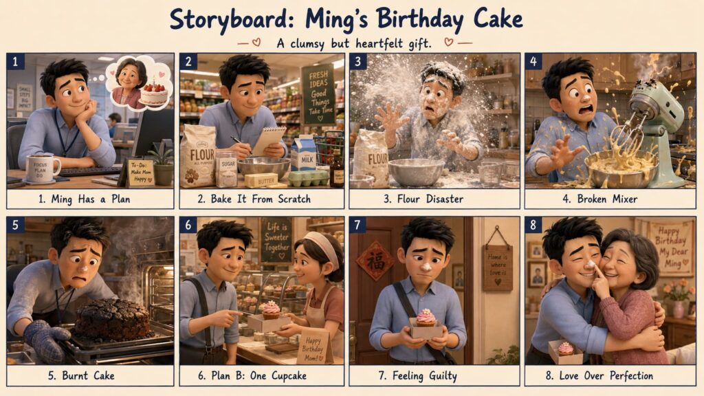 Prompt spec and generated 8-panel storyboard sheet for an animated short, "Ming's Birthday Cake"