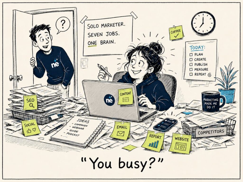Solo marketer overwhelmed with SEO social media content email and reporting tasks at cluttered desk