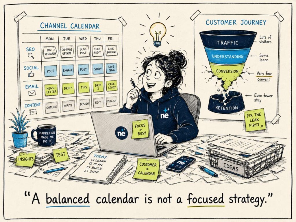 Marketing calendar with evenly distributed tasks versus leaky customer journey funnel showing broken conversion