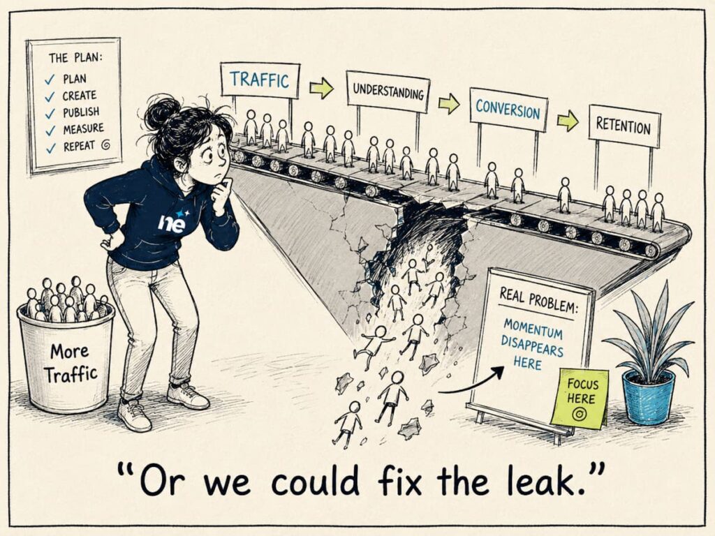 Leaky marketing funnel with traffic pouring in at top but dripping out at conversion due to understanding gap