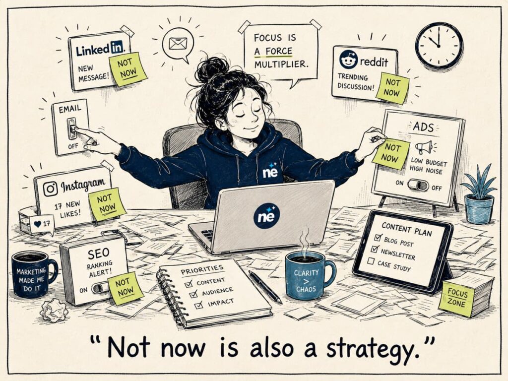 Marketer deliberately switching off Instagram Reddit ads and SEO with Not Now sticky notes while focusing on priority channels