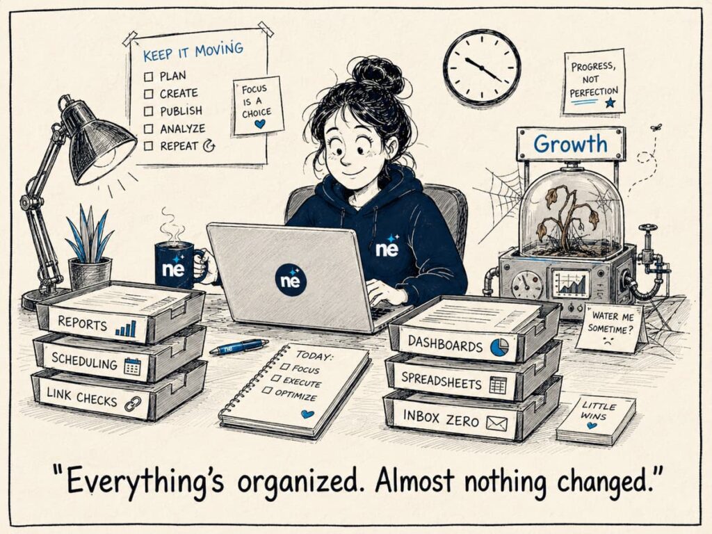 Perfectly organized desk with labeled boxes for scheduling link checking, dashboards, and reports but no growth metrics