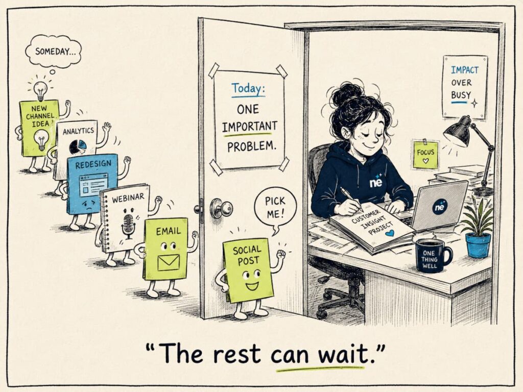 Marketer choosing one important problem from queue of waiting marketing tasks, including redesign webinar email and social post