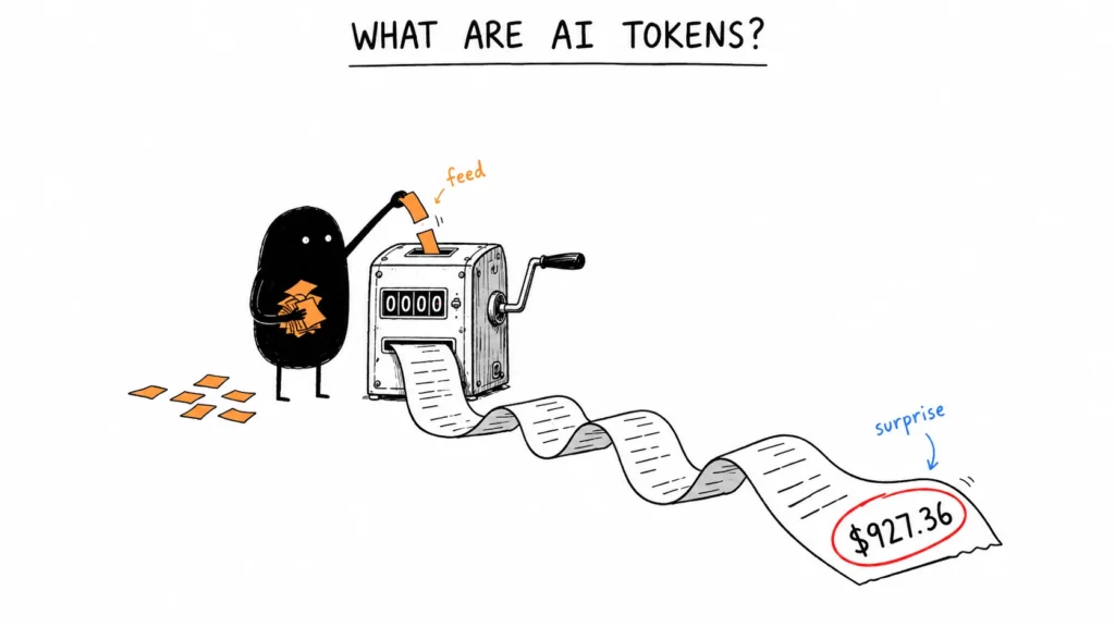 Hand-drawn illustration of a toll counter turning text into a surprising bill