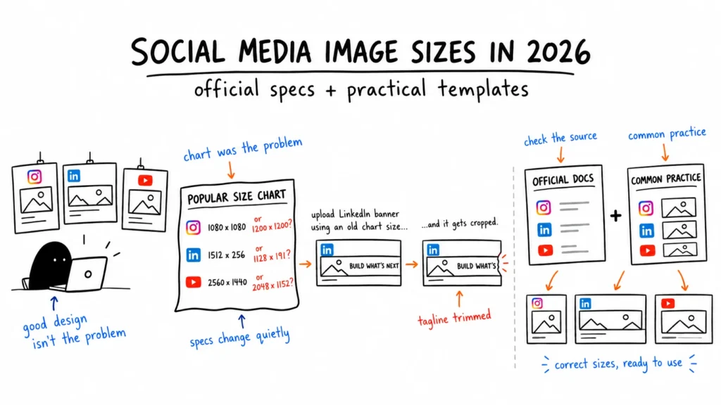 Illustration of a LinkedIn banner cropped after using an old size chart, next to official docs and correct templates