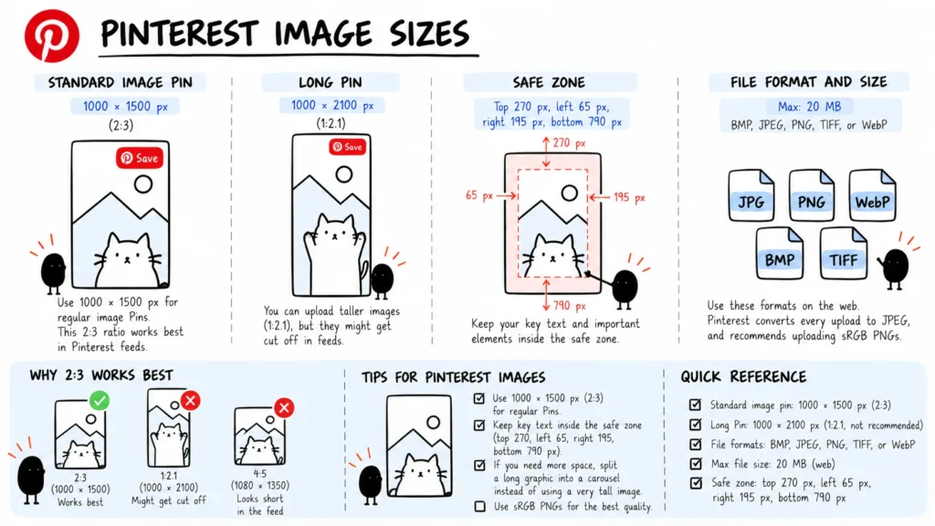 Pinterest image sizes showing the 1000 x 1500 standard Pin, long Pin risk, official safe zone, and supported file formats