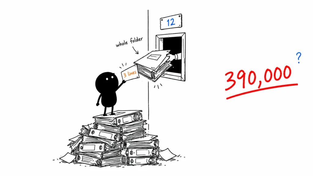 Illustration of a figure asking for three lines but receiving a full folder at an archive window, repeated twelve times