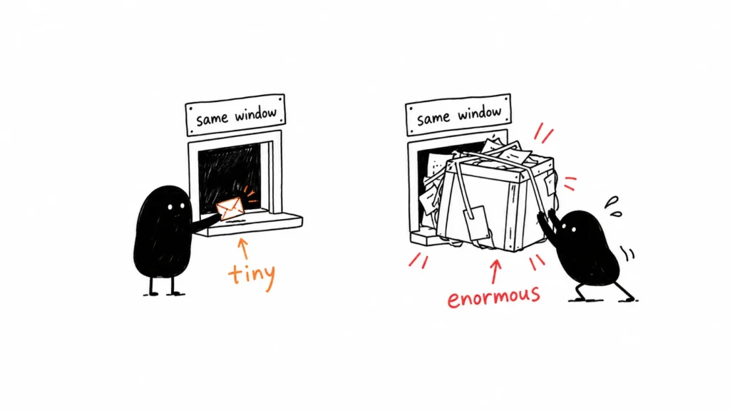 Illustration of the same small window passing a tiny note versus an oversized crate