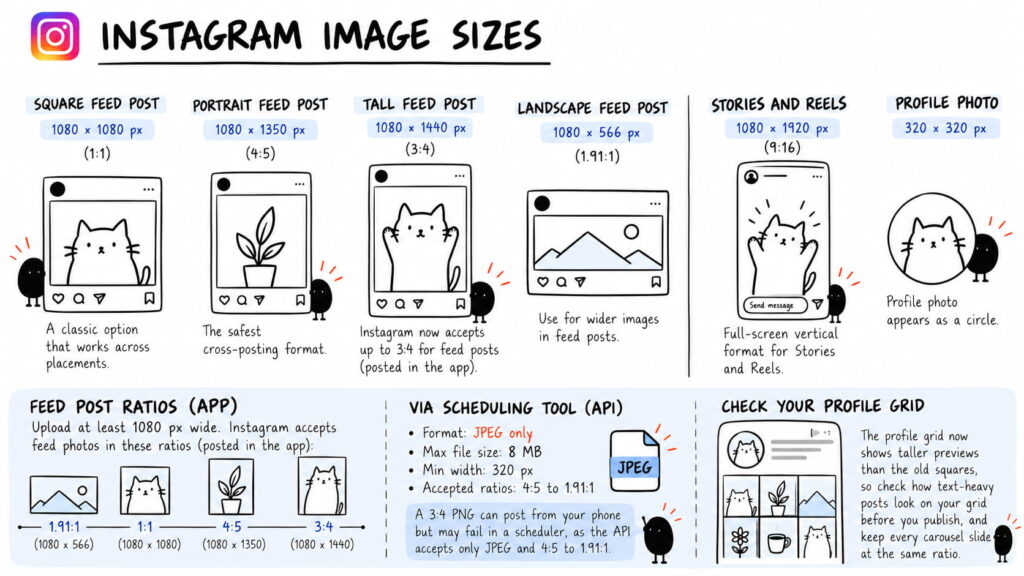 Instagram image sizes for square, portrait, tall, and landscape feed posts, Stories, Reels, and profile photos