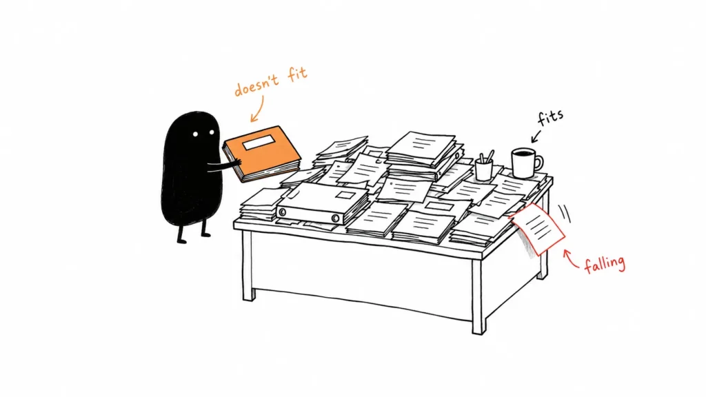Illustration of a fully covered desk with one more folder causing a paper to fall off