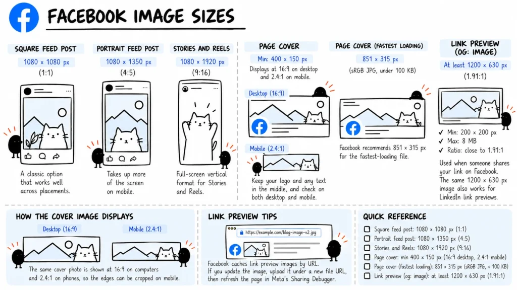 Facebook image sizes for feed posts, Stories, Page cover on desktop and mobile, and link preview images