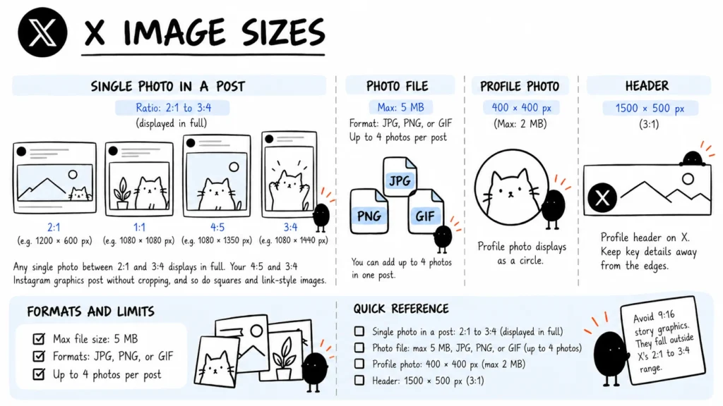 X image sizes showing single photo ratios from 2:1 to 3:4, file limits, 400 x 400 profile photo, and 1500 x 500 header