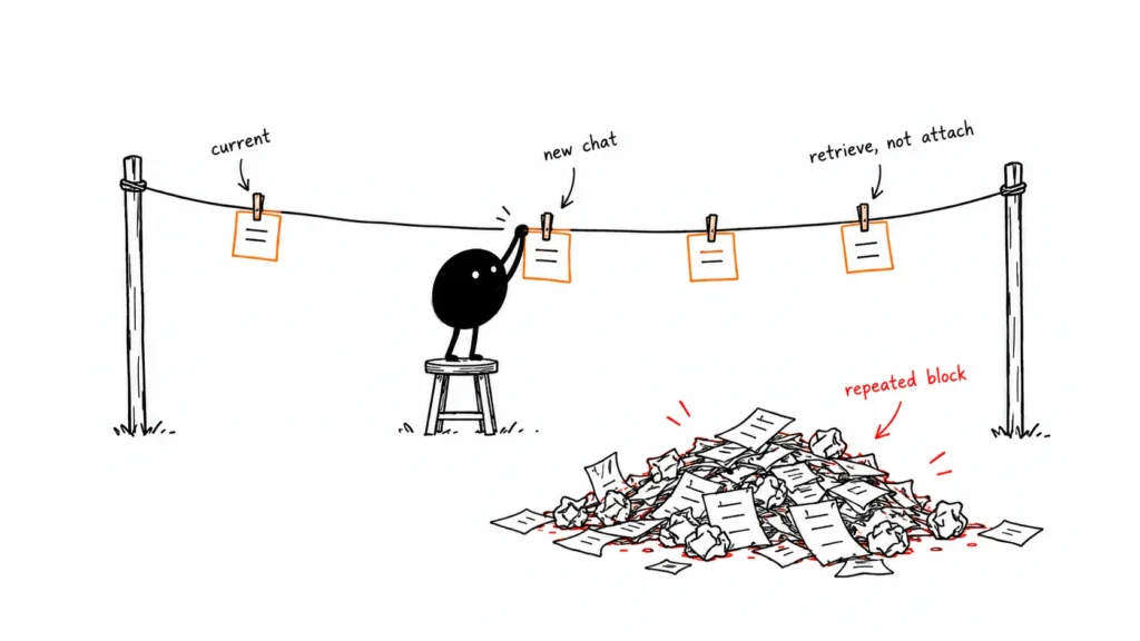 Illustration of a few notes clipped to a line while a larger pile sits discarded on the ground