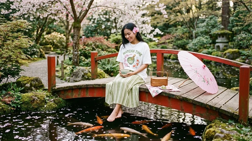 AI-generated woman in a MATCHA TIME tee sitting on a red bridge over a koi pond with a pink parasol and cherry blossoms