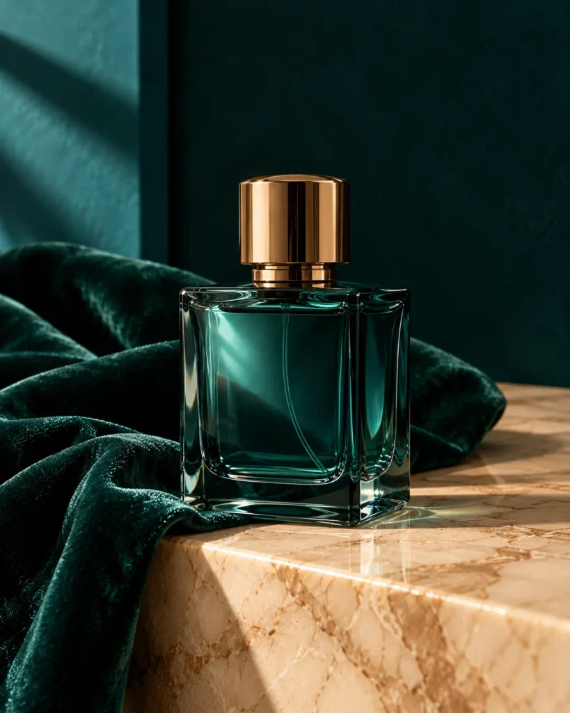 Square glass perfume bottle in deep teal with a bronze cap on a champagne marble ledge, with dark emerald velvet and a teal backdrop