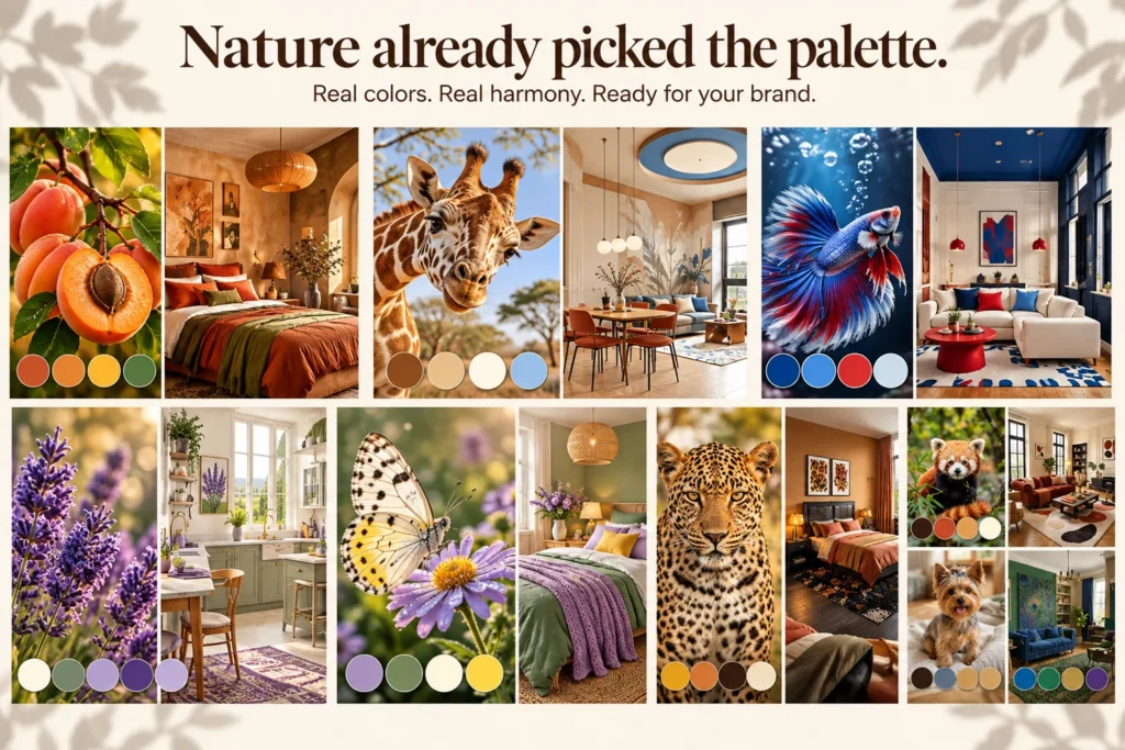 Collage of nature photos paired with interiors in matching colors, including apricot, giraffe, betta fish, lavender, butterfly, leopard, and red panda, each with a four-color palette