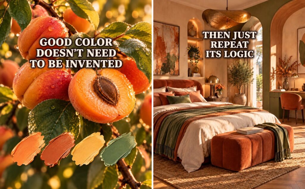 Apricots on a branch with paint swatches in orange, rust, butter yellow and sage, next to a sunlit bedroom with a rust velvet headboard and sage throws