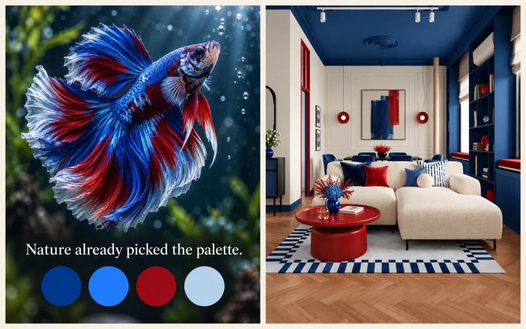 Red, white and blue betta fish with a four-color palette next to a living room with a navy ceiling, cream sofa and red coffee table