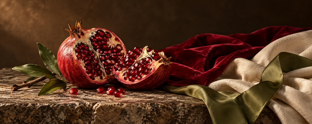Split pomegranate on a weathered stone ledge beside folded fabrics in deep red velvet, cream linen and olive silk