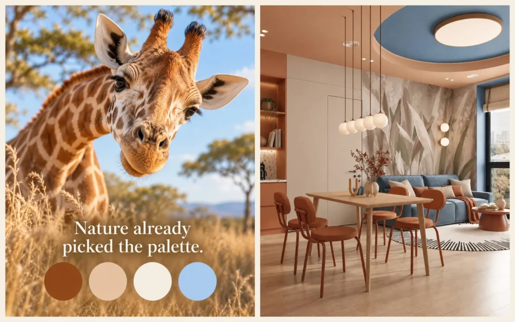 Split image showing a close-up of a giraffe in the savanna, a 4-color nature-inspired palette (terracotta brown, beige, cream, and sky blue), and a modern living room interior featuring terracotta furniture and blue accents that match the extracted colors.