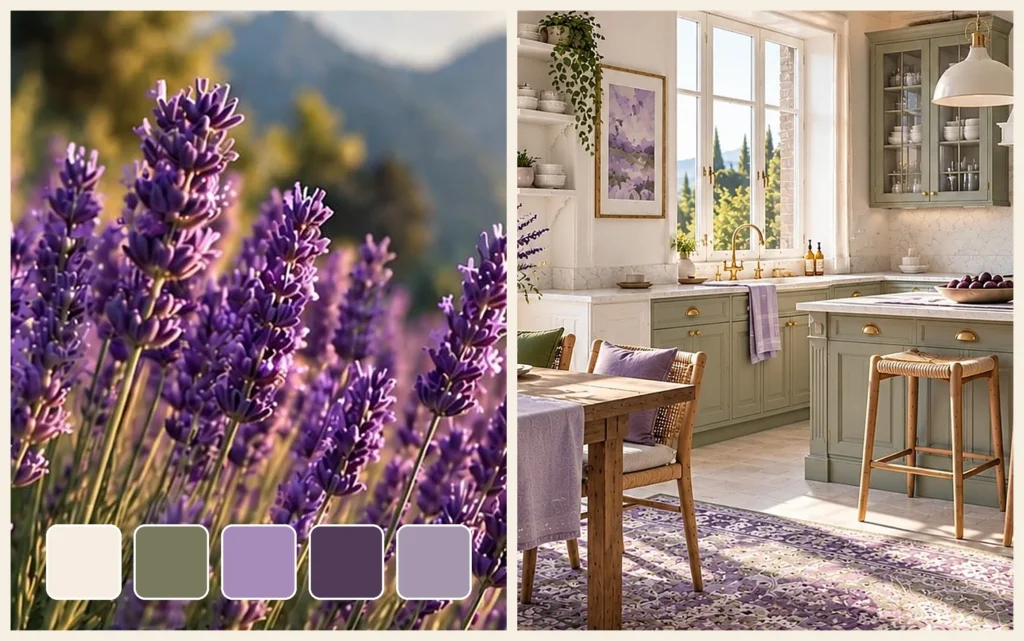 Lavender field at sunset with a five-color palette next to a kitchen with sage green cabinets, lavender textiles and cream walls