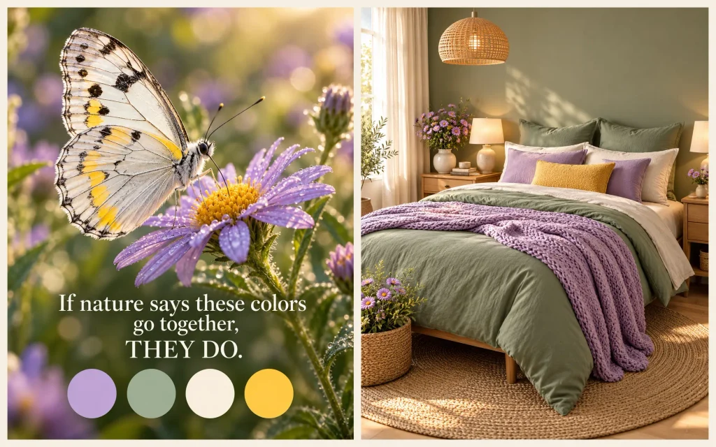 Split image showing a butterfly on a purple flower with a 4-color nature palette (lavender, sage green, cream, yellow) and the text "If nature says these colors go together, THEY DO", alongside a cozy bedroom interior designed using those exact nature-inspired colors.