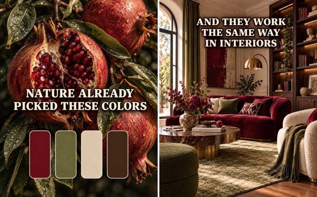 Pomegranates on a branch with four swatches in deep red, olive, cream and dark brown, next to a living room with a red velvet sofa, olive cushions and walnut shelves in the same colors