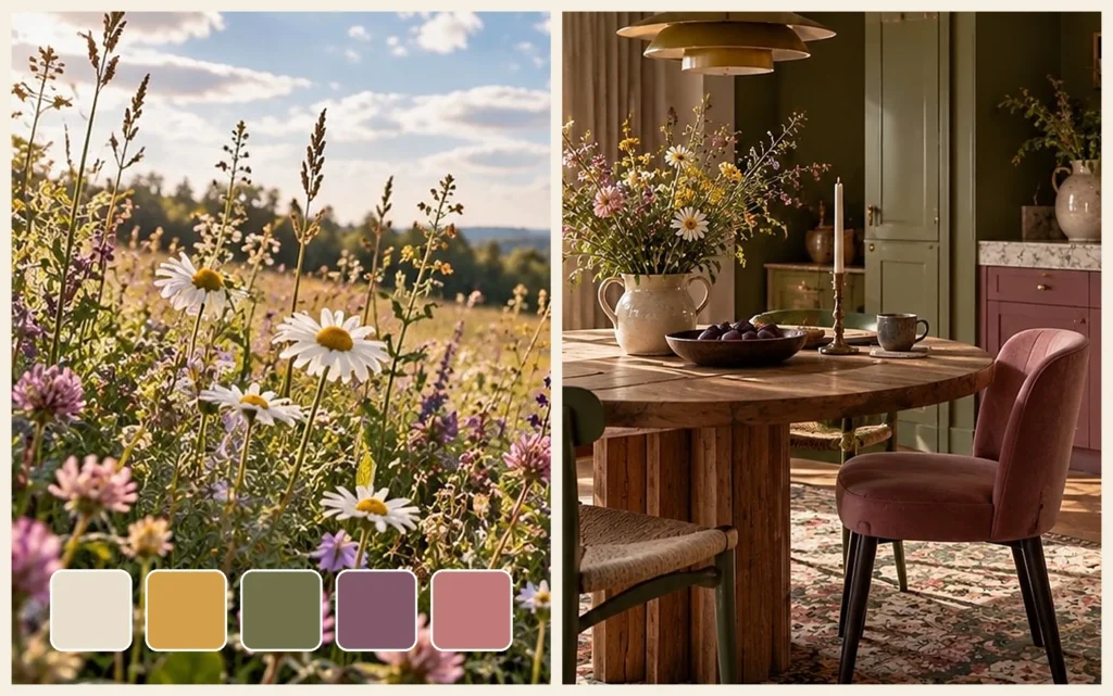 Wildflower meadow with daisies and clover beside a five-color palette, next to a dining room with olive green walls, dusty pink cabinets, and a round wooden table